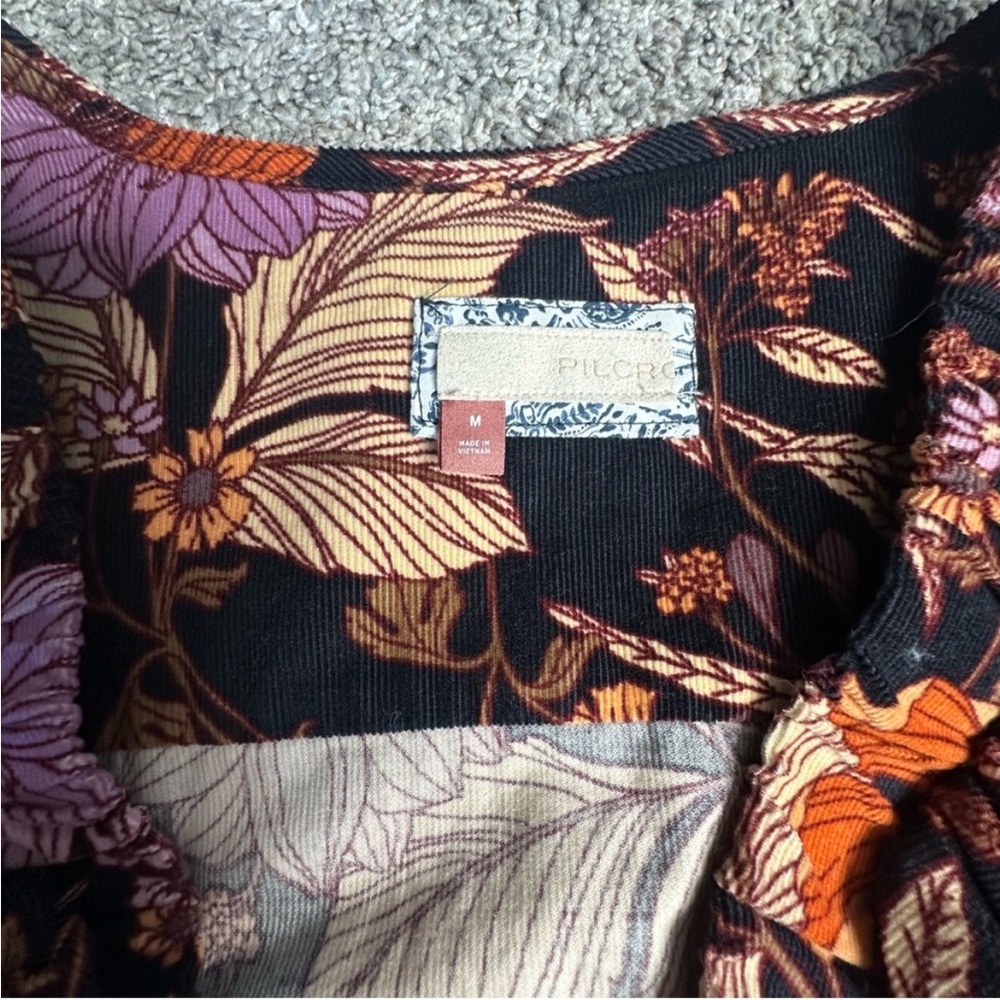 PILCRO TIERED CORDUROY RUFFLED FLORAL BOHO MINI DRESS medium BLACK long sleeve - Picture 10 of 15